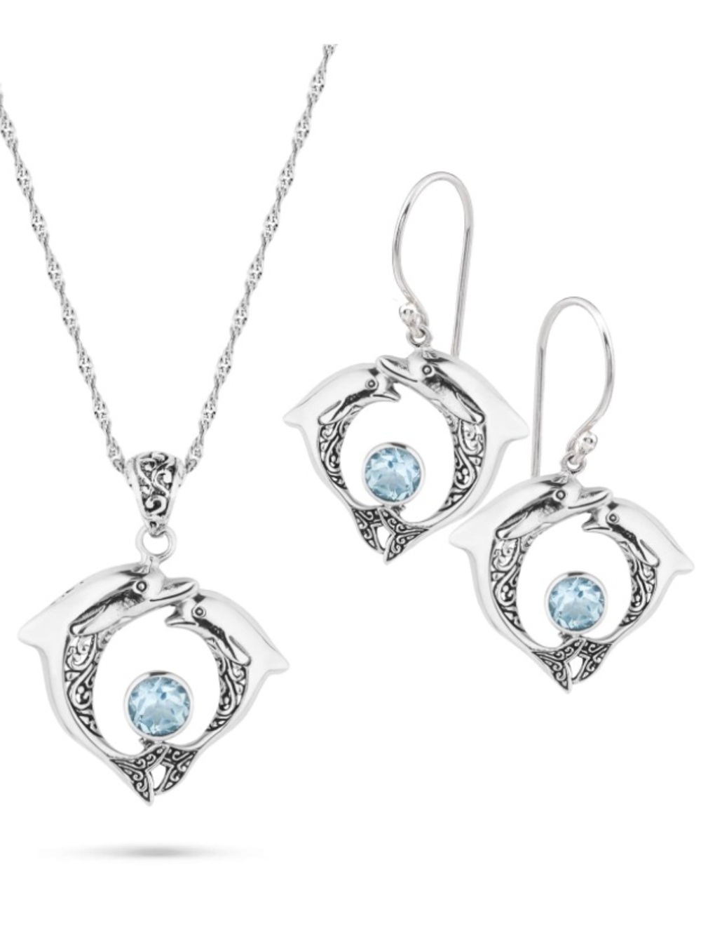 Stauer Sterling Silver Blue Topaz Dolphin Pendant Necklace & Earrings Set